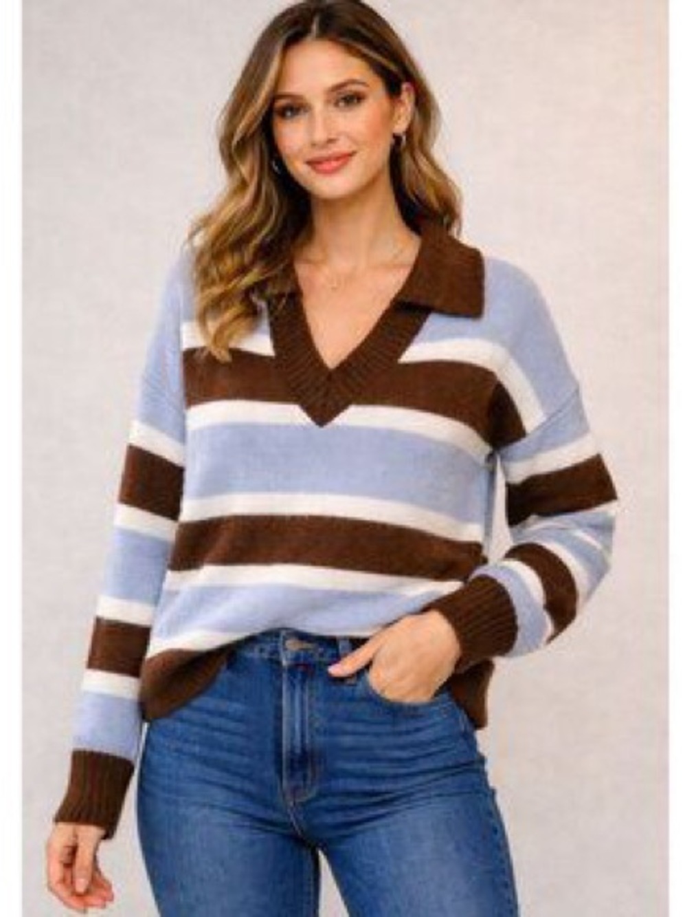 Altar’d State Women’s Blue and Brown Striped Rugby Sweater, Size Medium